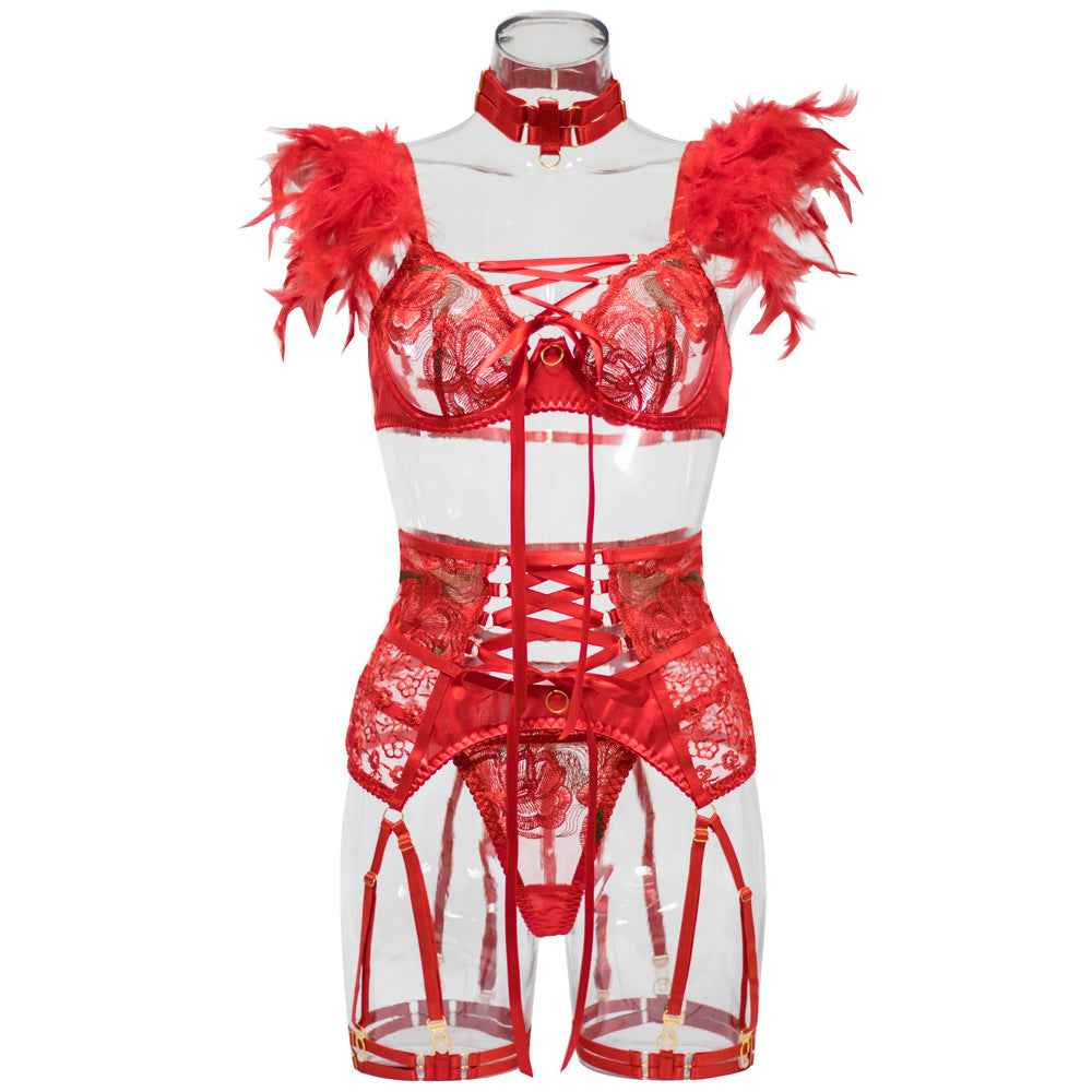 Red lace sexy lingerie set with hollow out and sexy cross-border embroidery feather five piece set