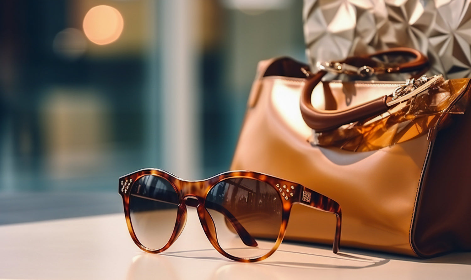 womens glasses and bag with blurred background