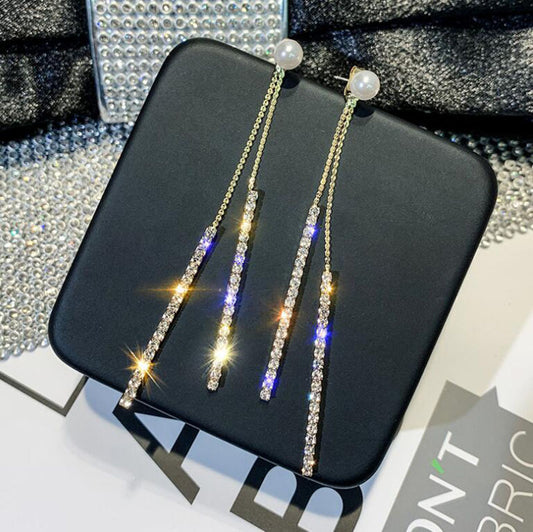 925 Silver Needle Long Tassel A Two-Pearl Stud Earrings Temperament Simple Diamond Earrings