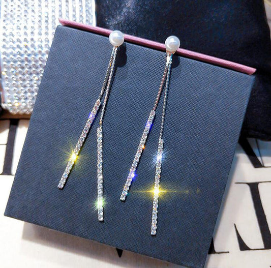 925 Silver Needle Long Tassel A Two-Pearl Stud Earrings Temperament Simple Diamond Earrings