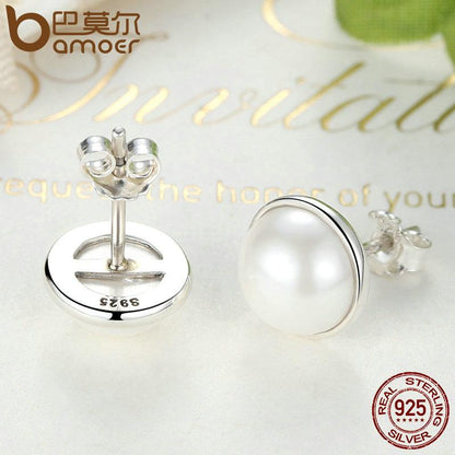 BAMOER 925 Sterling Silver Elegant Beauty, Round White Pearl Stud Earrings PAS489