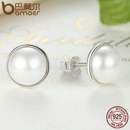 BAMOER 925 Sterling Silver Elegant Beauty, Round White Pearl Stud Earrings PAS489