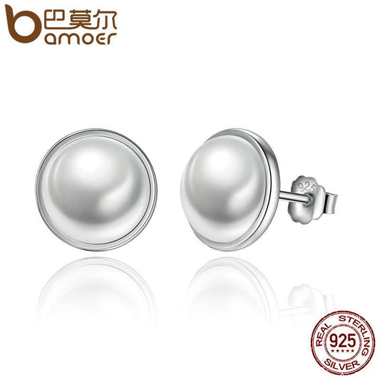 BAMOER 925 Sterling Silver Elegant Beauty, Round White Pearl Stud Earrings PAS489