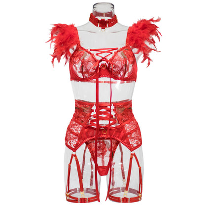 Red lace sexy lingerie set with hollow out and sexy cross-border embroidery feather five piece set